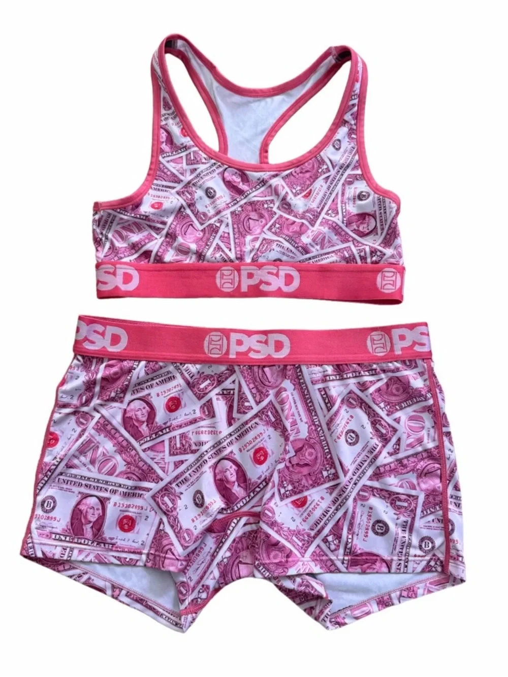 PSD WOMEN M PINK DOLLARS SPORTS BRA & BOY-SHORT SET